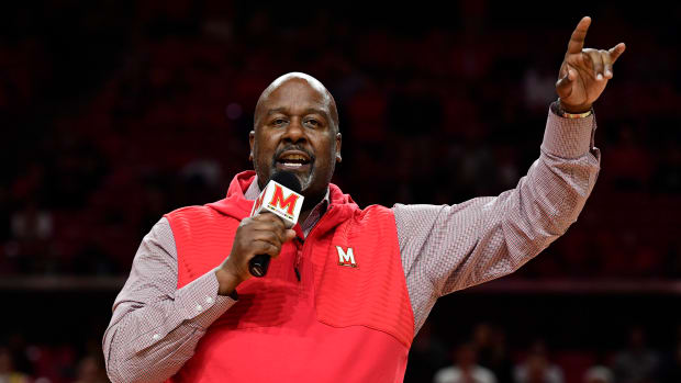 Maryland Terrapins head football coach Mike Locksley speaks to the crowd during half time of the men's basketball game against the Loyola (Md) Greyhounds at XFINITY Center.